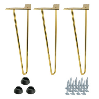 Zestaw 3 nóżek meblowych Hairpin legs złoty połysk wysokość 41cm 2 pręty