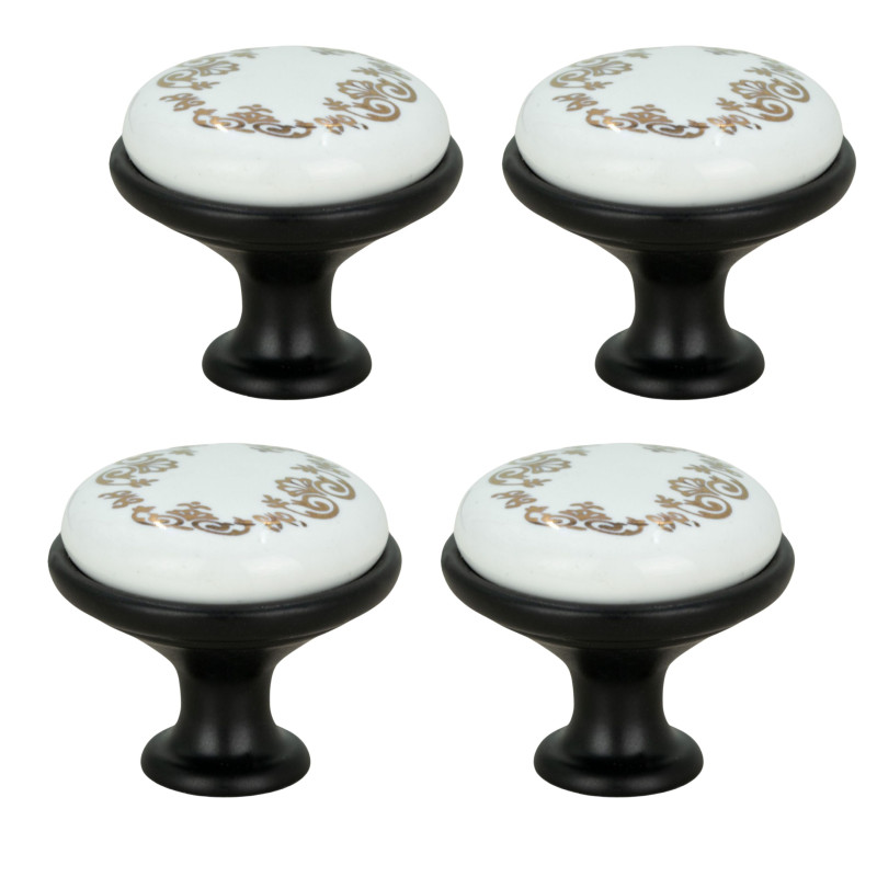 4 x Gałka meblowa okrągła czarna z ceramiką i wzorem retro
