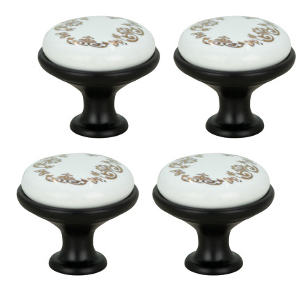 4 x Gałka meblowa okrągła czarna z ceramiką i wzorem retro