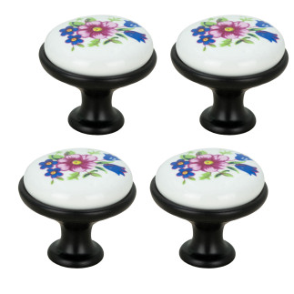 4 x Gałka meblowa okrągła czarna z ceramiką i wzorem retro kwiaty