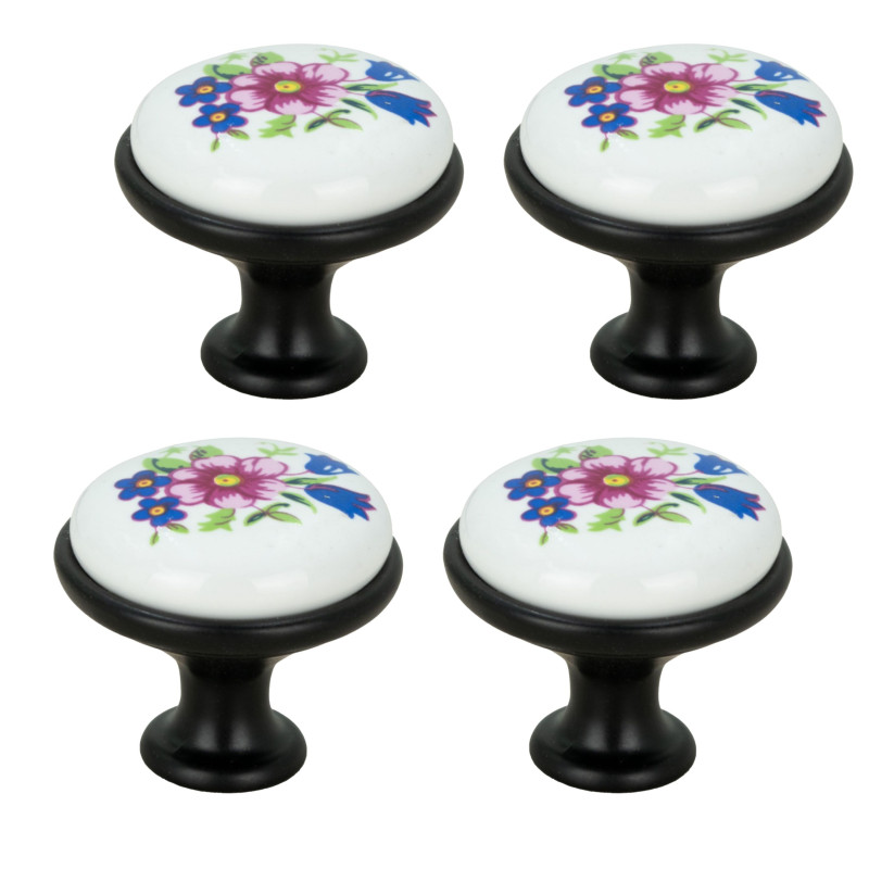4 x Gałka meblowa okrągła czarna z ceramiką i wzorem retro kwiaty