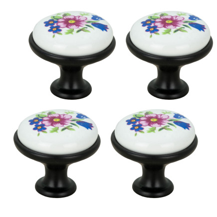 4 x Gałka meblowa okrągła czarna z ceramiką i wzorem retro kwiaty