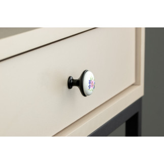 4 x Gałka meblowa okrągła czarna z ceramiką i wzorem retro kwiaty