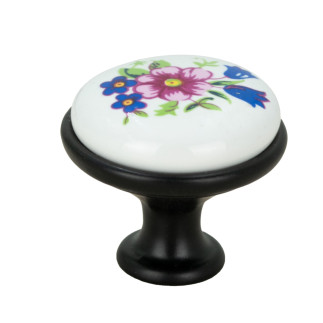 4 x Gałka meblowa okrągła czarna z ceramiką i wzorem retro kwiaty